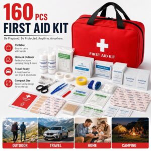 160 Pcs First Aid Kit, Compact & Portable Emergency Kit with Water-Resistant Carry Bag, Essential Supplies for Home, Car, Office, Travel, Camping, Hiking & Outdoor Use