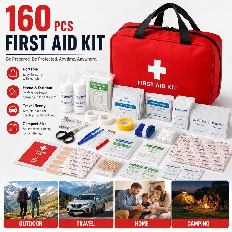 160 Pcs First Aid Kit, Compact & Portable Emergency Kit with Water-Resistant Carry Bag, Essential Supplies for Home, Car, Office, Travel, Camping, Hiking & Outdoor Use