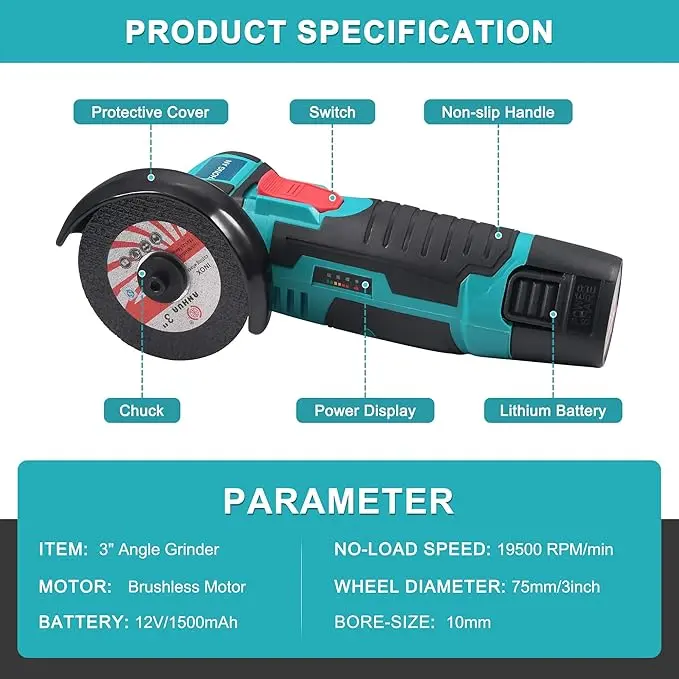 【DealsForYouDays】12V Cordless Mini Brushless Angle Grinder Kit with 4 Gutting Blades,2 pcs 12V 1500mAh Batteries 19500 RPM/Min,for Cutting Grinding Polishing Electric Heavy Duty Handle Power Tools,Blackfriday,Christmas Gift - Image 5