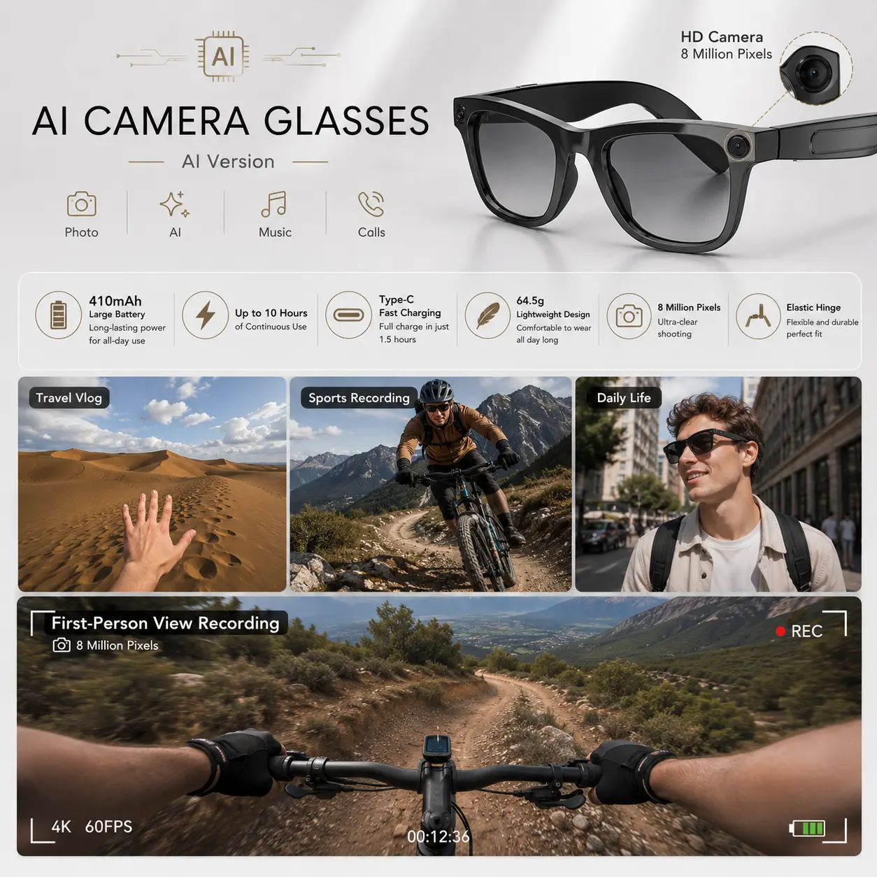 LUSBY Smart AI Camera Glasses | 8MP with Photochromic Lenses & Real-Time Translation – Hands-Free Video & Photo for Travel & Outdoors - Image 9